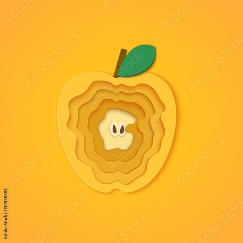 Paper cut apple. Vector illustration. Paper art style apple. Origami concept. Vector paper cut design in the form of yellow apple for design of food packaging breakfast, detox, cosmetics, jam, juice