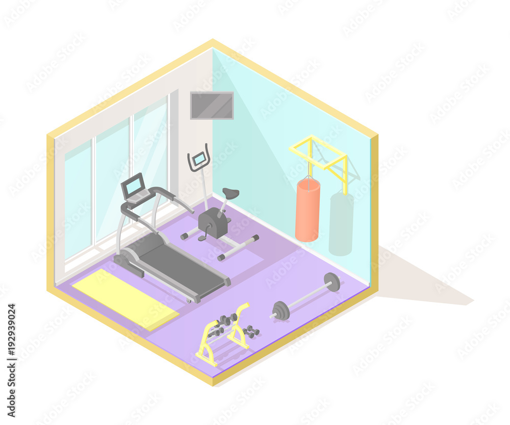 Obraz premium Vector isometric low poly cutaway interior illustartion. Home fitness or gym room with treadmill, exercise bike, punching bag, dumbbells and mat. Healthy lifestyle