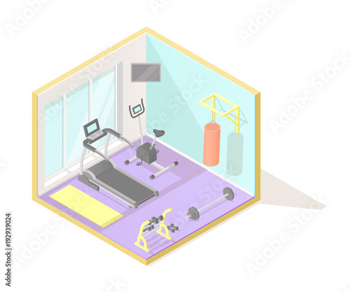 Vector isometric low poly cutaway interior illustartion. Home fitness or gym room with treadmill, exercise bike, punching bag, dumbbells and mat. Healthy lifestyle