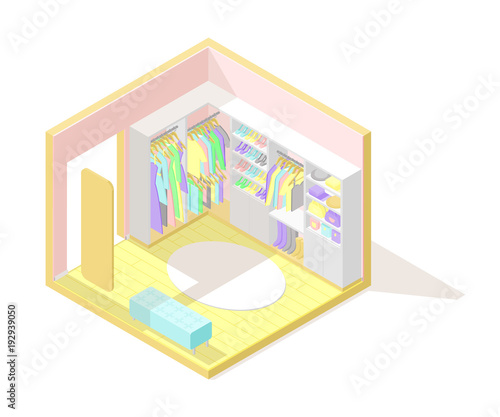 Vector isometric low poly cutaway interior illustartion. Home wardrobe or fashion shop or boutique with cupboard with clothes, shoes and bags, mirror and sofa. Women's fashion wardrobe
