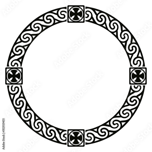 Celtic national circle ornament as interlaced ribbon with crosses isolated on white background.
