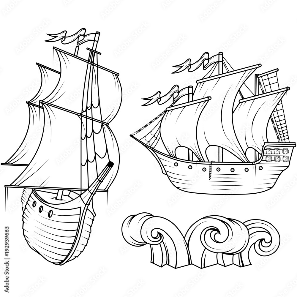 Obraz premium Sailing Ship. Retro Cargo Ship. Sailing ship. Sailing boat logo. Sea company vector logo design template. Color vector illustration