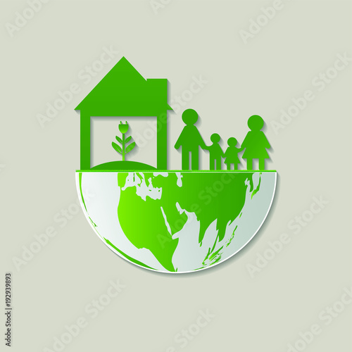 Ecology family save the world concept.Green home help the world with eco-friendly idea.vector illustration