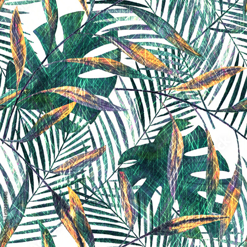Tapety Bezproblemowa tropikalny wzór. Żółto - zielone liście palmowe, Jasne gałązki.