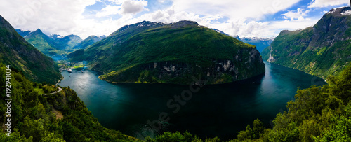 Aerial panorama view to Geiranger fjord from Trollstigen, Norway photo