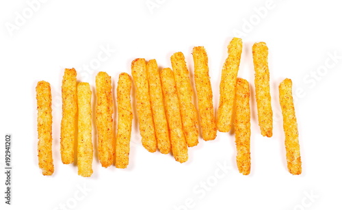 Gluten free pepper flavored potato chips isolated on white background, top view