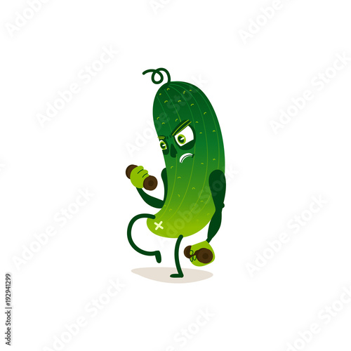 Funny serious cucumber character with human face doing sport workout, training, lifting weights, cartoon vector illustration isolated on white background. Funny cucumber character, mascot doing sport