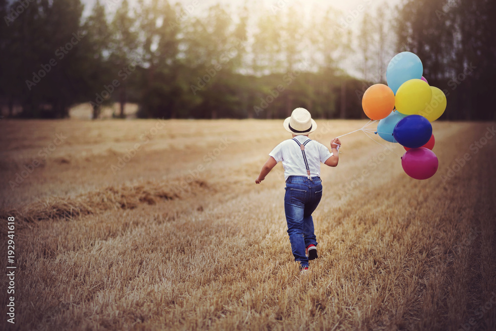 niño que corre por el campo con globos Stock Photo Adobe Stock