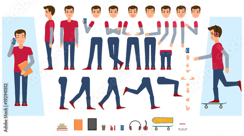 Vector animated young man character. Male teenager creation set front, side view, various items phone, skateboard, workbooks, vape, tablet. Different poses, emotions, gestures Isolated illustration