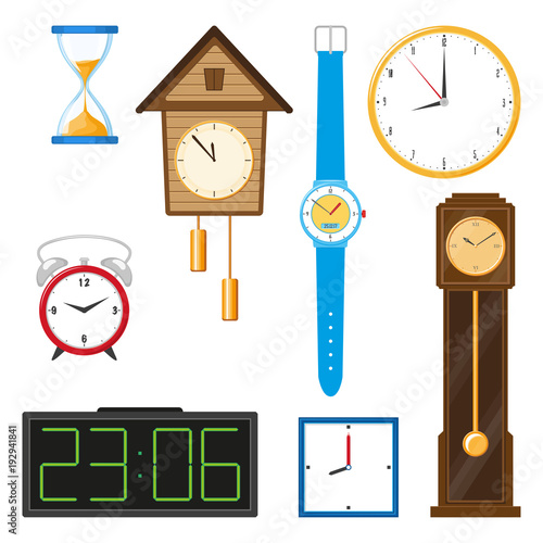 vector flat types of clocks set. Digital wall mounted clock, hourglass, sandglass, table clock, alarm clock, vintage grandfather clock and wristwatch icon. Isolated illustration on a white background