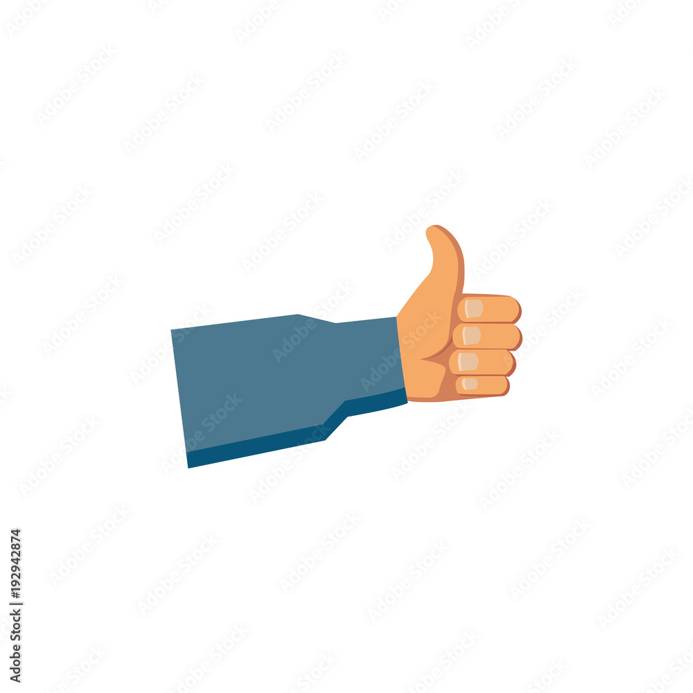 vector flat handyman worker man hand in grey blue uniform, maintenance, mechanic service employee showing thumbs up gesture sign. Isolated illustration on a white background.
