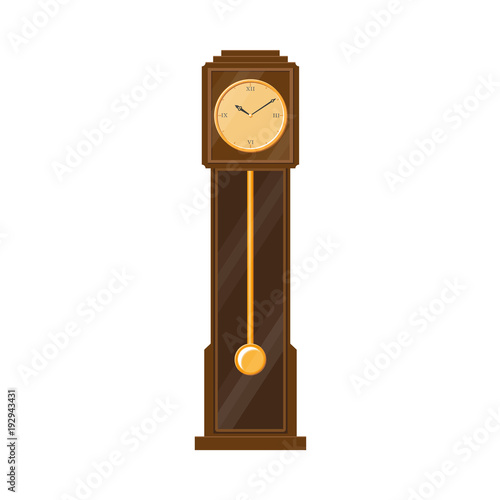 vector flat vintage antique wooden grandfather pendulum clock icon for your design. Isolated illustration on a white background.