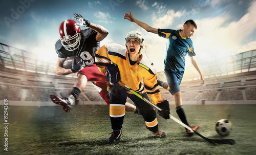 Fototapeta Naklejka Na Ścianę i Meble -  Multi sports collage about ice hockey, soccer and American football screaming players at stadium