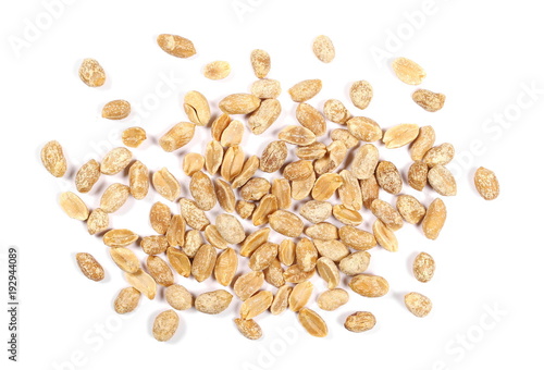 Salted and marinated peanuts, pile isolated on white, top view