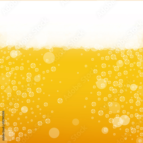Beer background with realistic bubbles. Cool liquid drink for pub and bar menu design, banners and flyers. Yellow square beer background with white frothy foam. Cold glass of ale for brewery design.