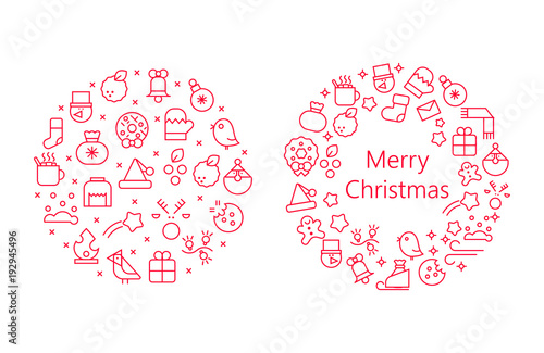 Vector concept with different Christmas and new year celebration elements. Christmas line icon set arrange in circle. Vector illustration for postcards, calendars, posters, prints, banners.