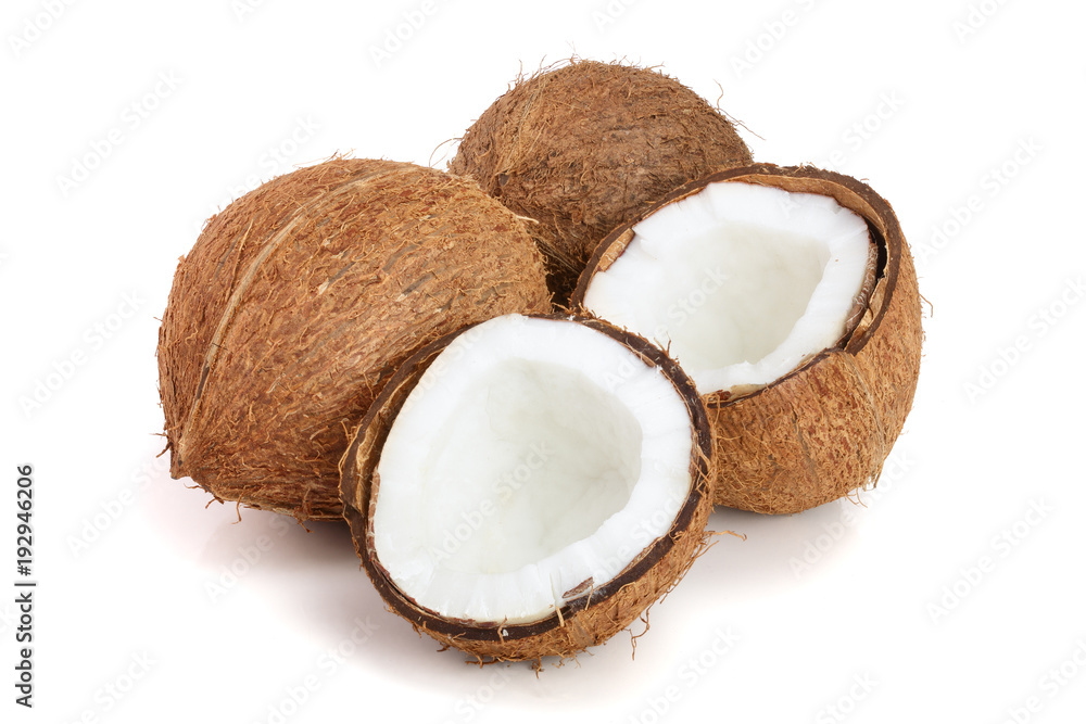 whole coconut and half isolated on white background