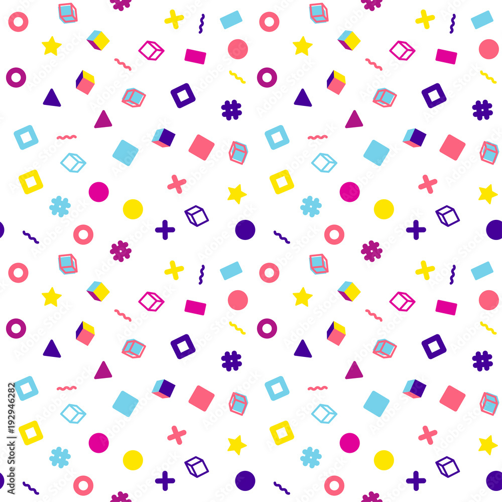 Abstract seamless vector memphis pattern for girls, boys, clothes. Creative background with dots, geometric figures Funny wallpaper for textile and fabric. Fashion style. Colorful bright Abstract seamless vector memphis pattern for girls, boys, clothes. Creative background with dots, geometric figures Funny wallpaper for textile and fabric. Fashion style. Colorful bright