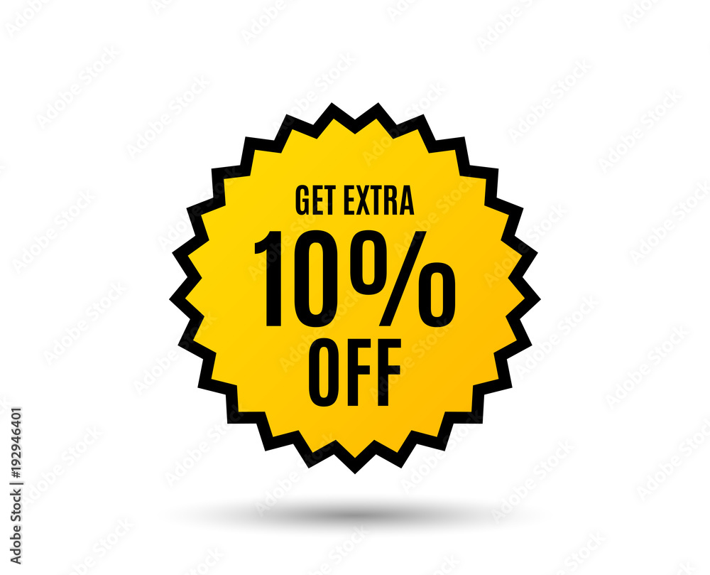 Get Extra 10% off Sale. Discount offer price sign. Special offer symbol. Save 10 percentages. Star button. Graphic design element. Vector Get Extra 10% off Sale. Discount offer price sign. Special offer symbol. Save 10 percentages. Star button. Graphic design element. Vector