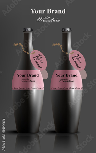 Black stylish water bottles Vector realistic. Product packaging Label designs