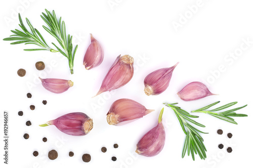 garlic with rosemary and peppercorn isolated on white background with copy space for your text. Top view. Flat lay