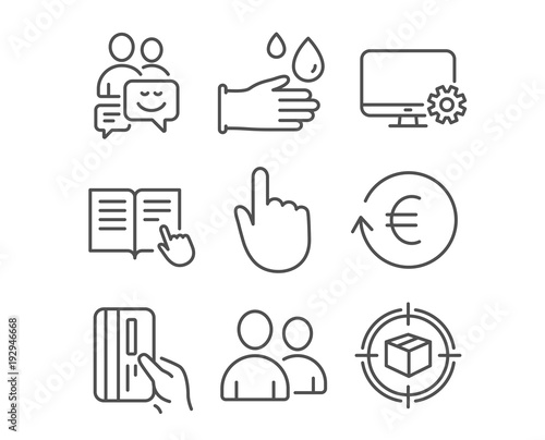 Set of Rubber gloves, Users and Hand click icons. Exchange currency, Monitor settings and Communication signs. Payment card, Read instruction and Parcel tracking symbols. Vector