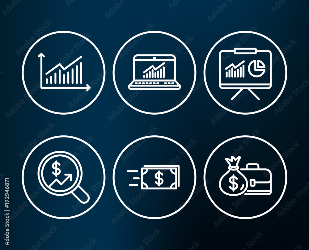 Set of Money transfer, Presentation and Graph icons. Online statistics, Currency audit and Salary signs. Cash delivery, Board with charts, Presentation diagram. Computer data, Money chart. Vector Set of Money transfer, Presentation and Graph icons. Online statistics, Currency audit and Salary signs. Cash delivery, Board with charts, Presentation diagram. Computer data, Money chart. Vector