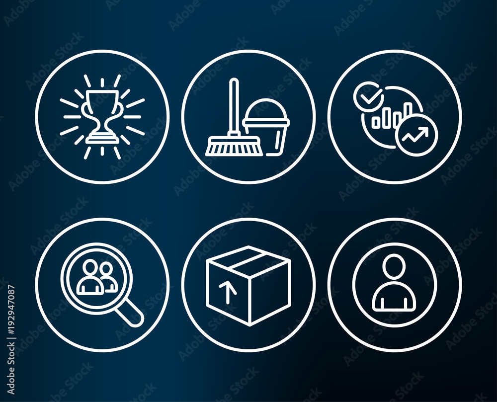 Set of Bucket with mop, Trophy and Statistics icons. Package, Search