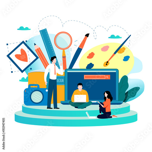 Design studio, designing, drawing, photographing, graphic design, education, creativity, art, ideas flat vector illustration. Online courses, books, tutorials for mobile and web graphics