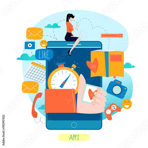 Mobile application development process flat vector illustration. Software API prototyping and testing background. Smartphone interface building process, mobile app building concept. Design studio