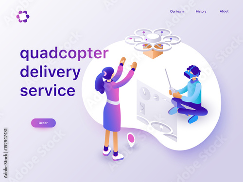 Drone delivery service concept with people controlling quadcopter via VR headset. Landing page template. 3d vector isometric illustration.