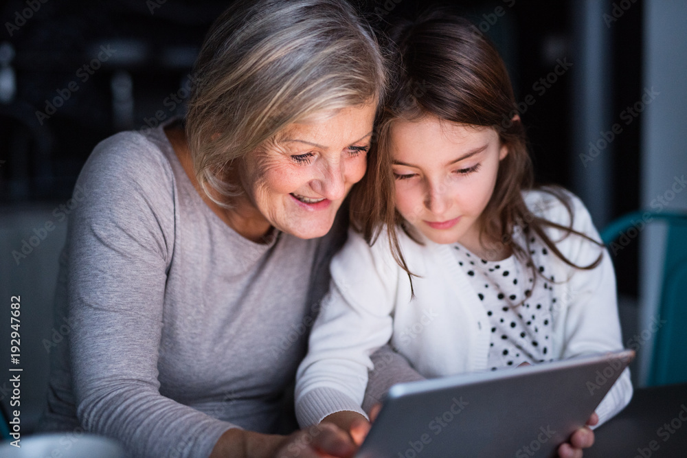 A small girl and grandmother with tablet at home. A small girl and grandmother with tablet at home.