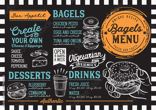 Bagels restaurant menu. Vector sandwich food flyer for bar and cafe. Design template with vintage hand-drawn illustrations.