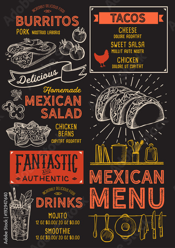 Mexican restaurant menu. Vector food flyer for bar and cafe. Design template with vintage hand-drawn illustrations.