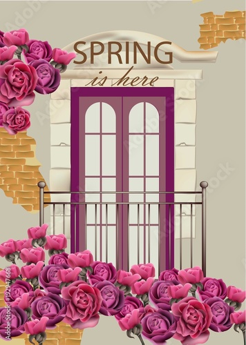 Balcony facade in flowers Vector. Romantic Spring card illustrations