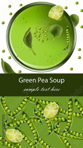Green pea soup Vector realistic. Menu template top view