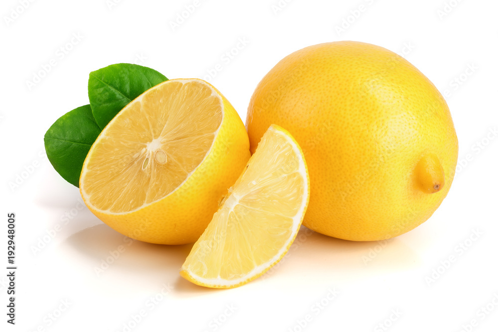 lemon and slice with leaf isolated on white background lemon and slice with leaf isolated on white background