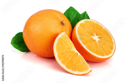 Orange with slice and leaf isolated on the white background