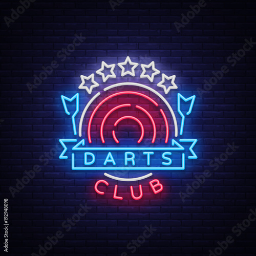 Darts Club Logo in Neon Style. Neon Sign, Bright Night Advertising, Light Banner. Vecton illustration