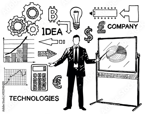 Business and finance icon set, vector hand drawn illustration