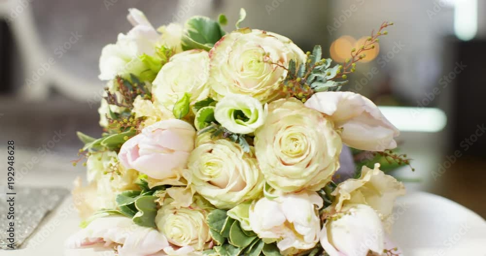 4K Close up panning shot on bouquet of flowers on a table in designer wedding boutique 4K Close up panning shot on bouquet of flowers on a table in designer wedding boutique