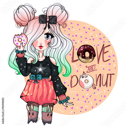 Cute little girl with donut, teen loves sweet dessert, confectionery bakery cafe sweet shop, anime style cartoon character comic girl portrait, vector illustration