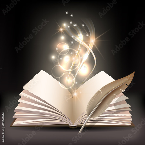 Open book with mystic bright light and feather