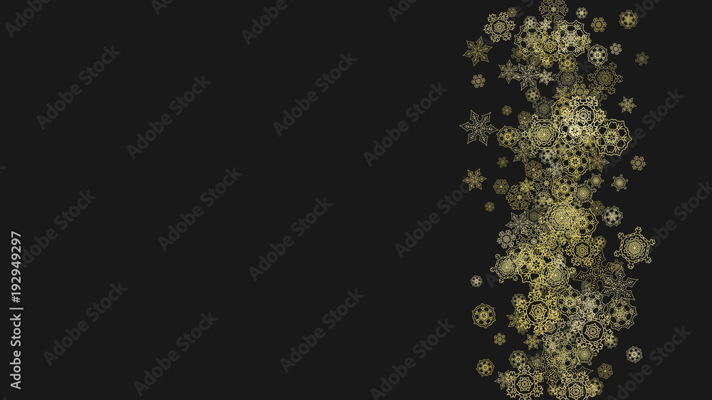 Obraz premium Gold snowflakes frame on black background. New year theme. Horizontal shiny Christmas frame for holiday banner, card, sale, special offer. Falling snow with gold snowflake and glitter for party invite