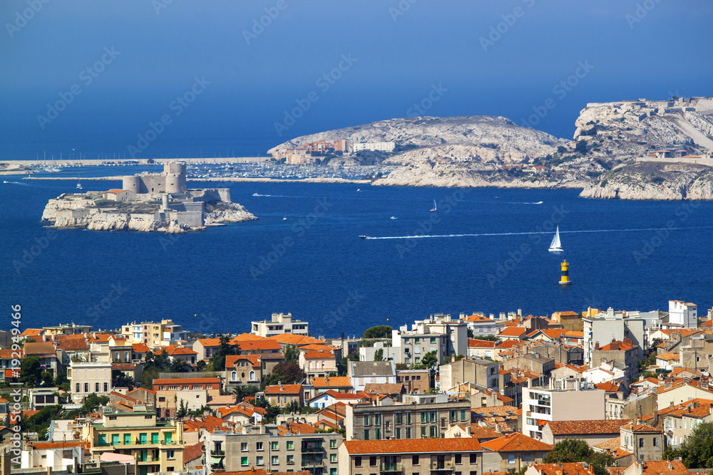Marseille, France. Aerial view of the city, the sea and the castle d'if