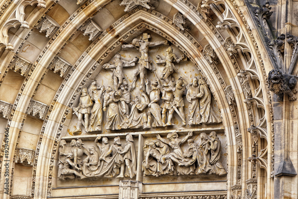 Detail of the portal of Saint Vitus cathedral with sculptures