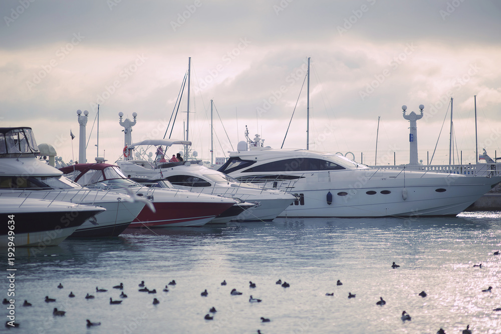 Fototapeta premium Yachts on the pier in the port in cloudy weather 