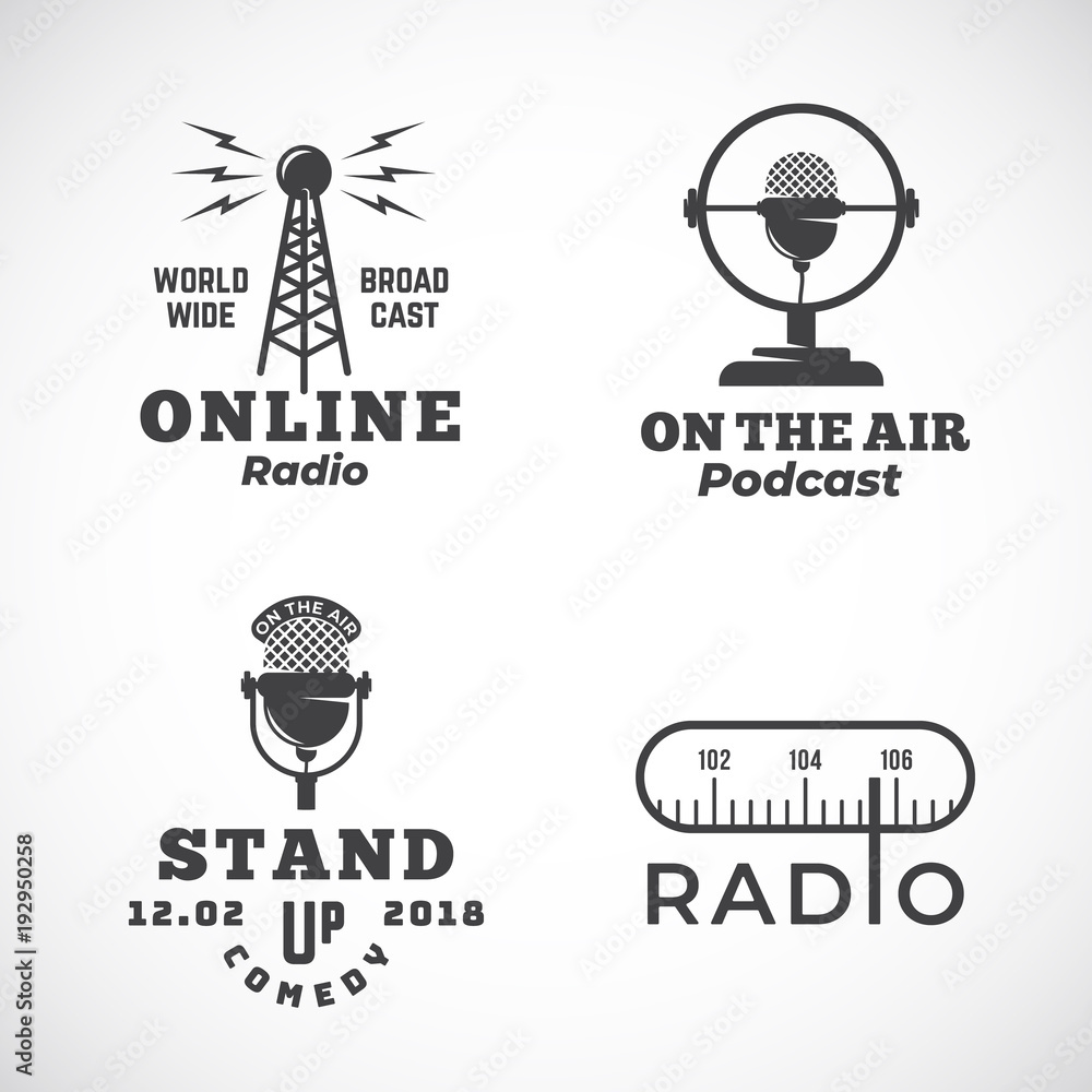 Vecteur Stock Online Radio and Microphone Abstract Vector Emblems Set.  Broadcast Tower, Podcast or Stand Up Comedy Microphone Signs or Logo  Templates. Radio Scale and On the Air Symbols. | Adobe Stock