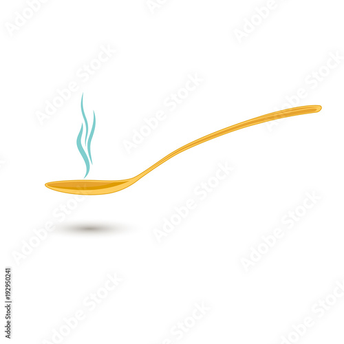 Hot meal spoon flat icon. Yellow boat with steam aroma from the food