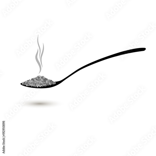 Hot meal spoon flat icon. Black boat with steam aroma from the food